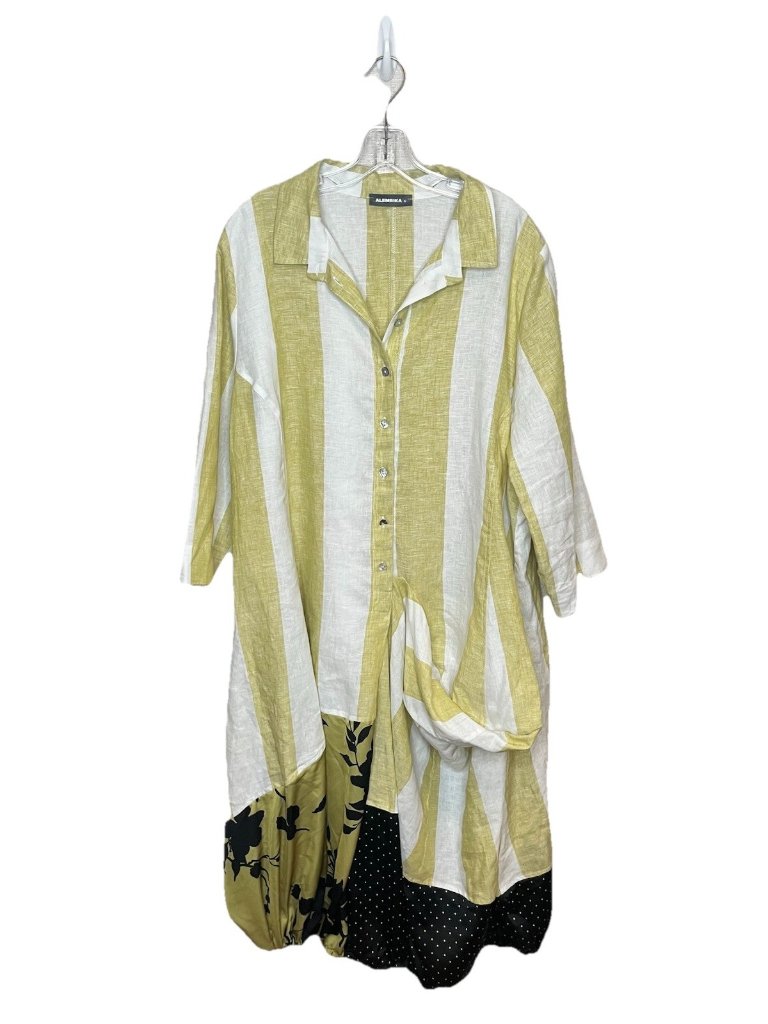 Alembika Linen Blend Striped Shirt Dress Sz 6 Green White Bubble Hem Lagonlook